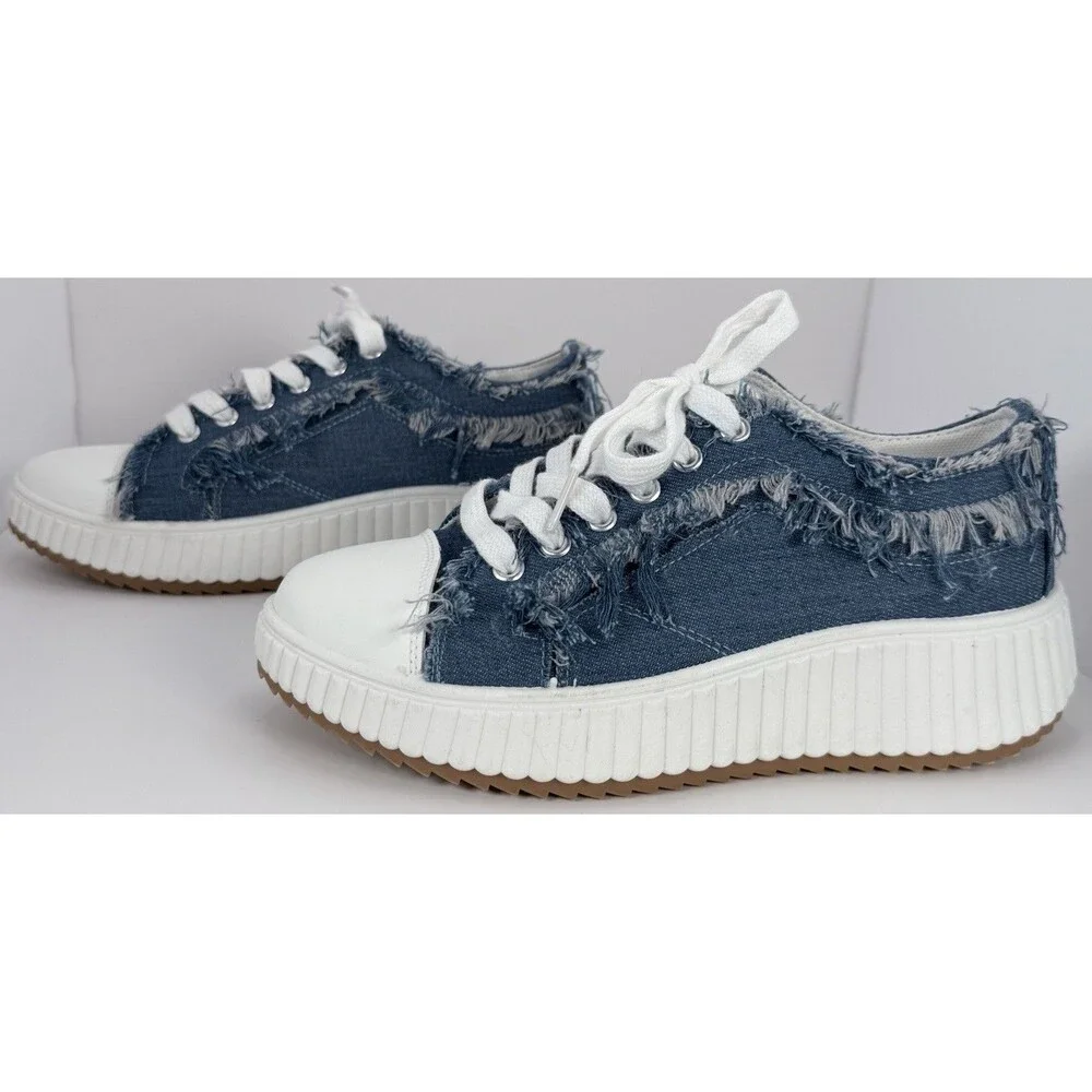 Yoki Denim Platform Sneakers Frayed Distressed Grunge Y2K Shoes Womens 9